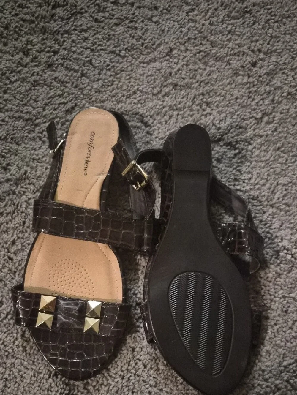 comfortview Dark Brown Croc-Embossed Studded Slingback Sandals